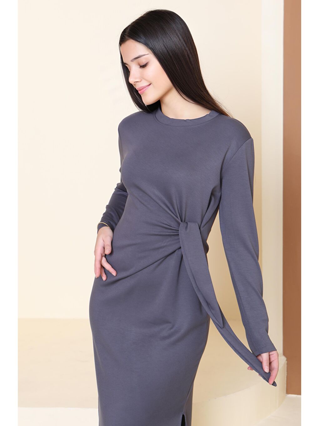 Gri Yandan Bağlama Detaylı Modal Elbise Füme - 27880-FUME-3