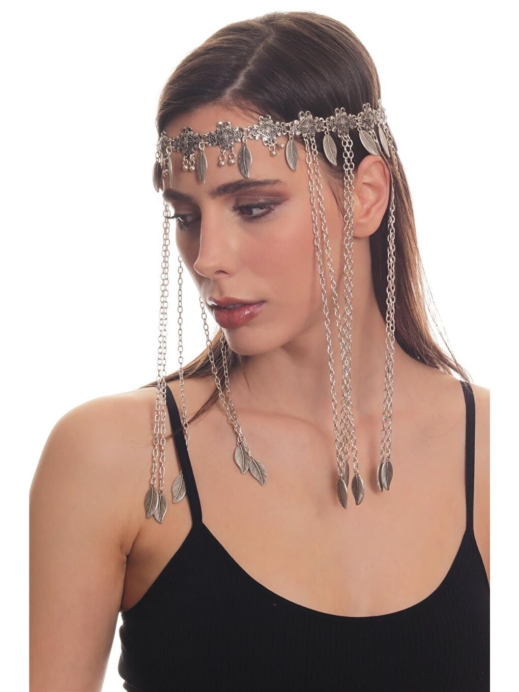 Gri Kadın Antik Gümüş Kaplama Zincirli Yaprak Charm Detaylı Tasarım Saç Zinciri-2