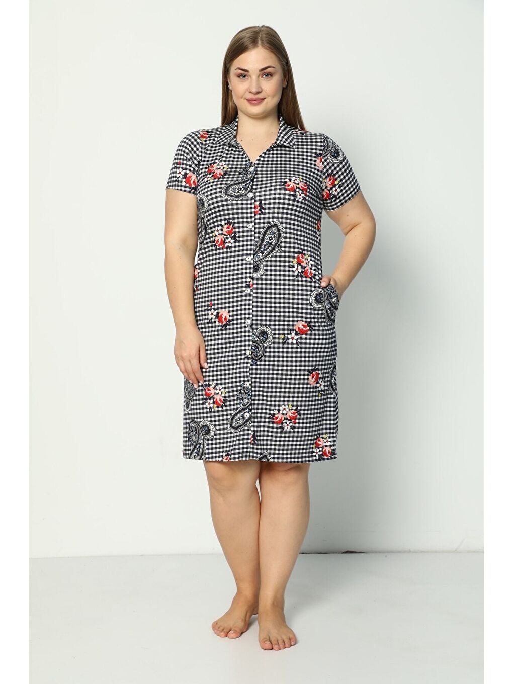 Beyaz Kadın Kısa Kollu Desenli Düğmeli Cepli Büyük Beden Penye Modal Elbise-1