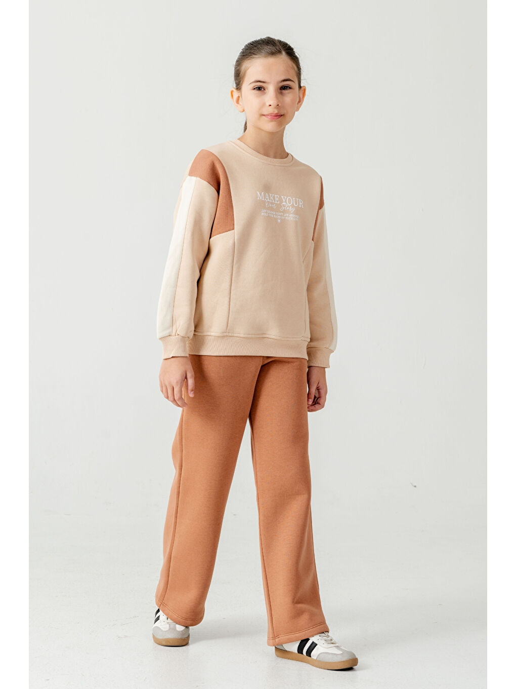 Kahverengi Kız Çocuk Make Your Baskılı 3 İplik Kalın Kışlık Eşofman Takımı Ak4227-1