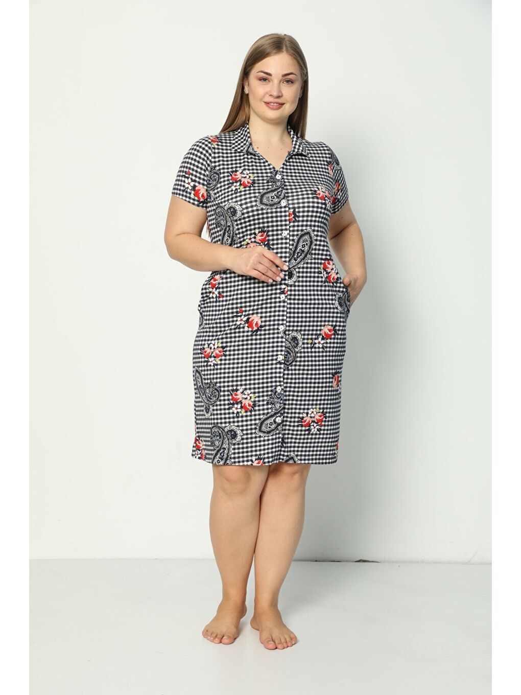 Beyaz Kadın Kısa Kollu Desenli Düğmeli Cepli Büyük Beden Penye Modal Elbise-2