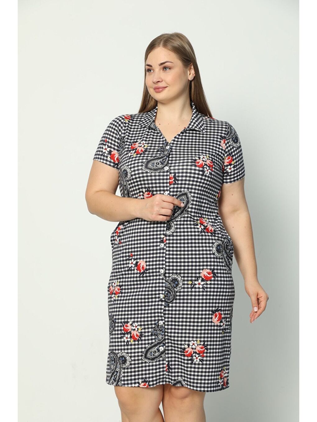 Beyaz Kadın Kısa Kollu Desenli Düğmeli Cepli Büyük Beden Penye Modal Elbise-3