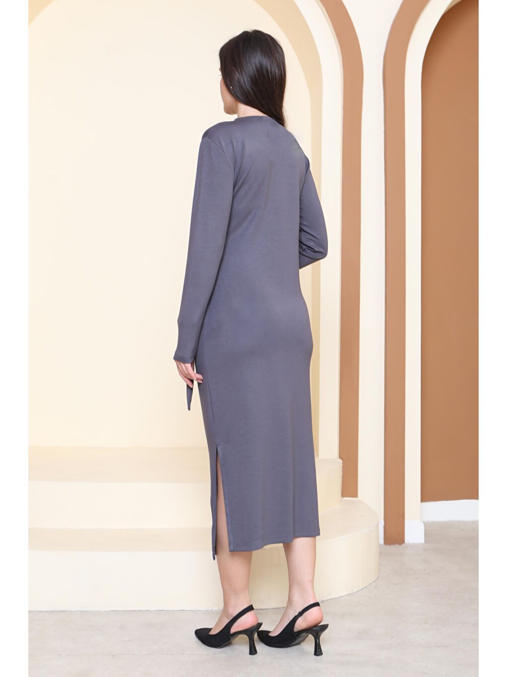 Gri Yandan Bağlama Detaylı Modal Elbise Füme - 27880-FUME-4