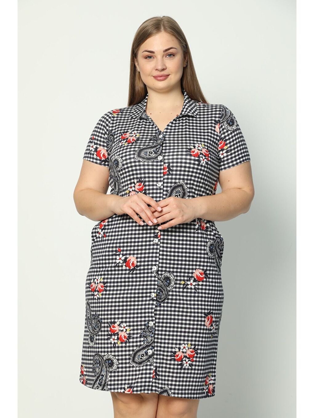 Beyaz Kadın Kısa Kollu Desenli Düğmeli Cepli Büyük Beden Penye Modal Elbise-4