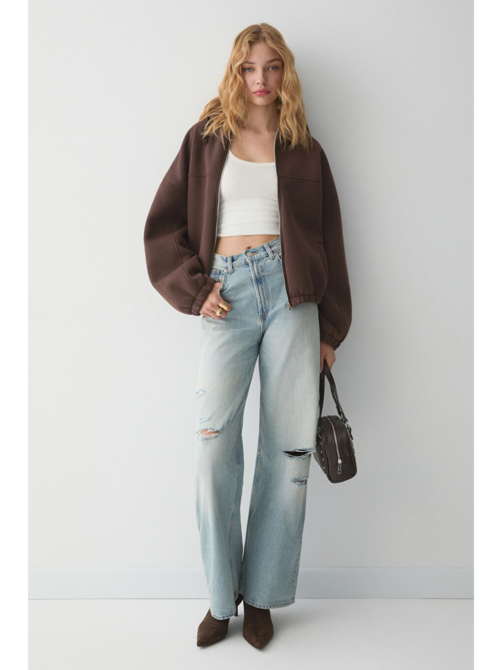Valıt Kadın Çift Cepli Eteği Ve Kol Ucu Lastikli Fermuarlı Oversize Kahverengi Sweatshirt-3