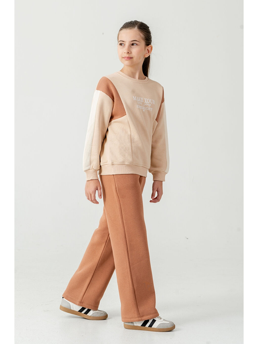 Kahverengi Kız Çocuk Make Your Baskılı 3 İplik Kalın Kışlık Eşofman Takımı Ak4227-2