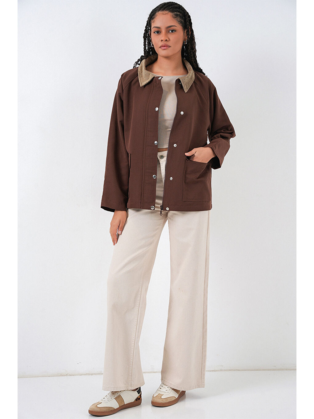 Kadın Cep Detaylı Oversize Ceket 5973 - Kahverengi-1