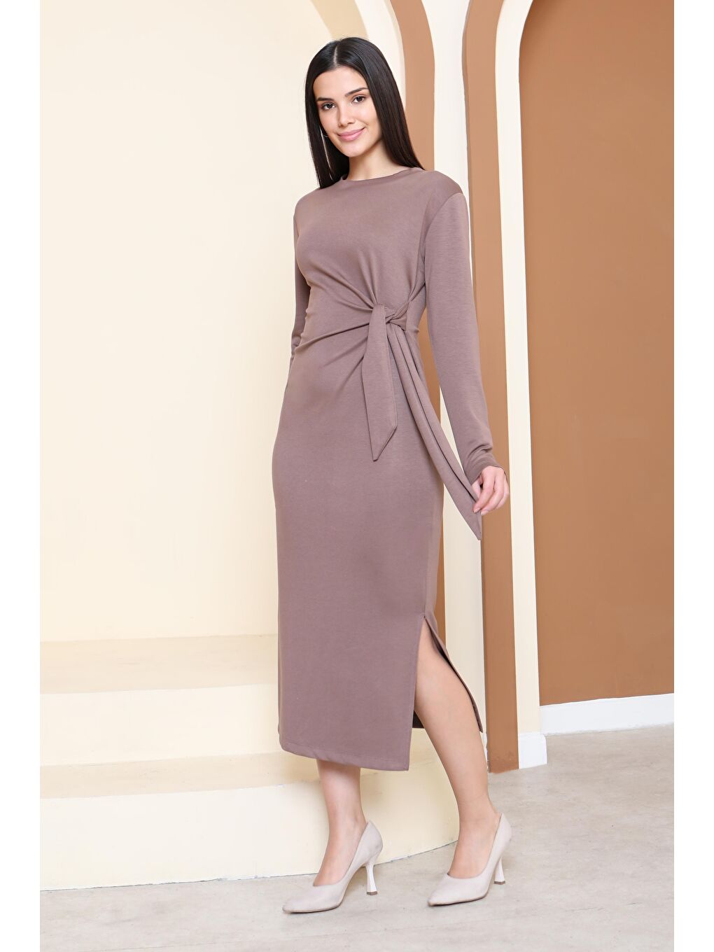 Bej Yandan Bağlama Detaylı Modal Elbise Vizon - 27880-VIZON