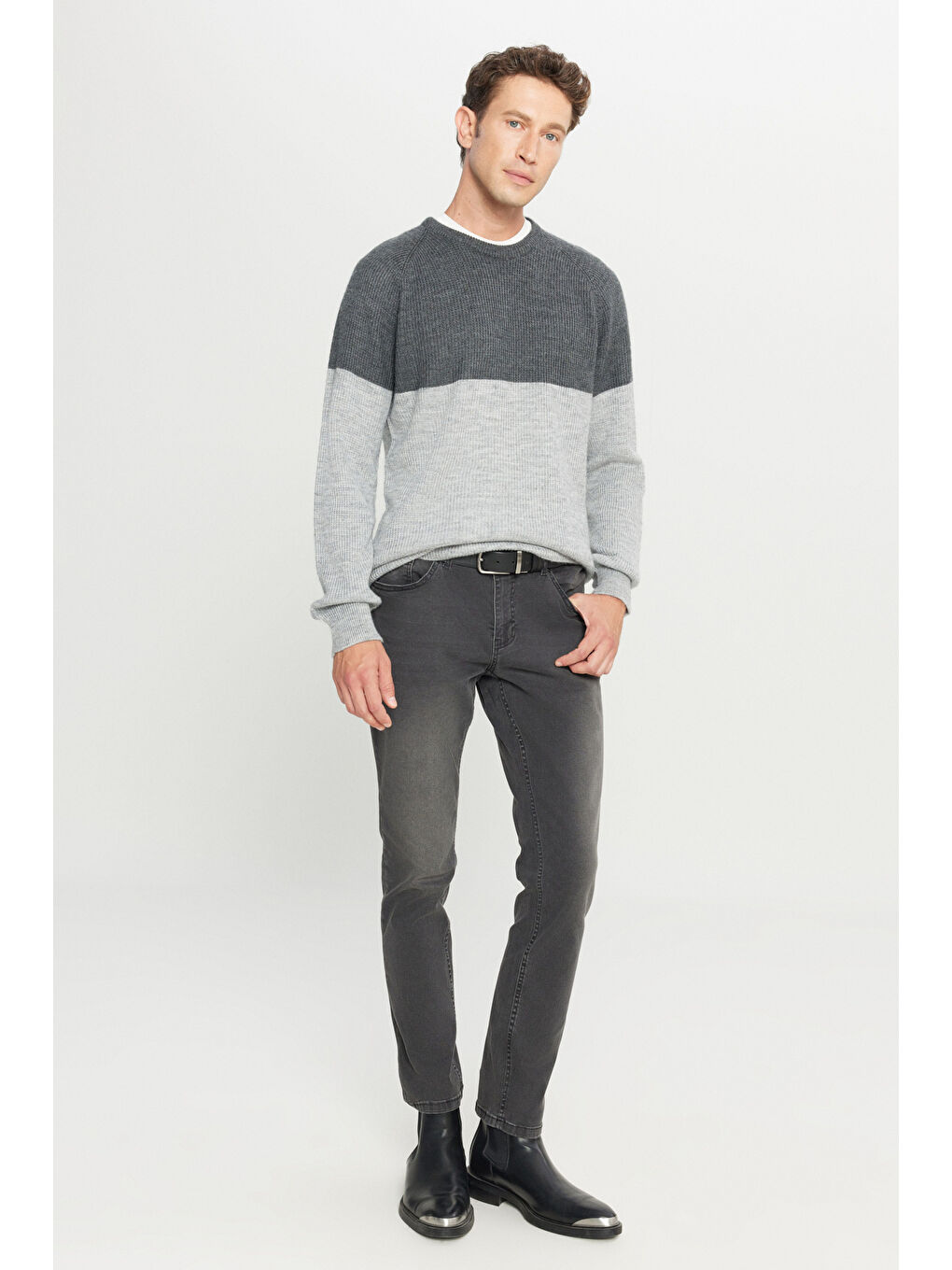 Erkek Antrasit-Melanj Standart Fit Normal Kesim Bisiklet Yaka Jakarlı Triko Kazak-1