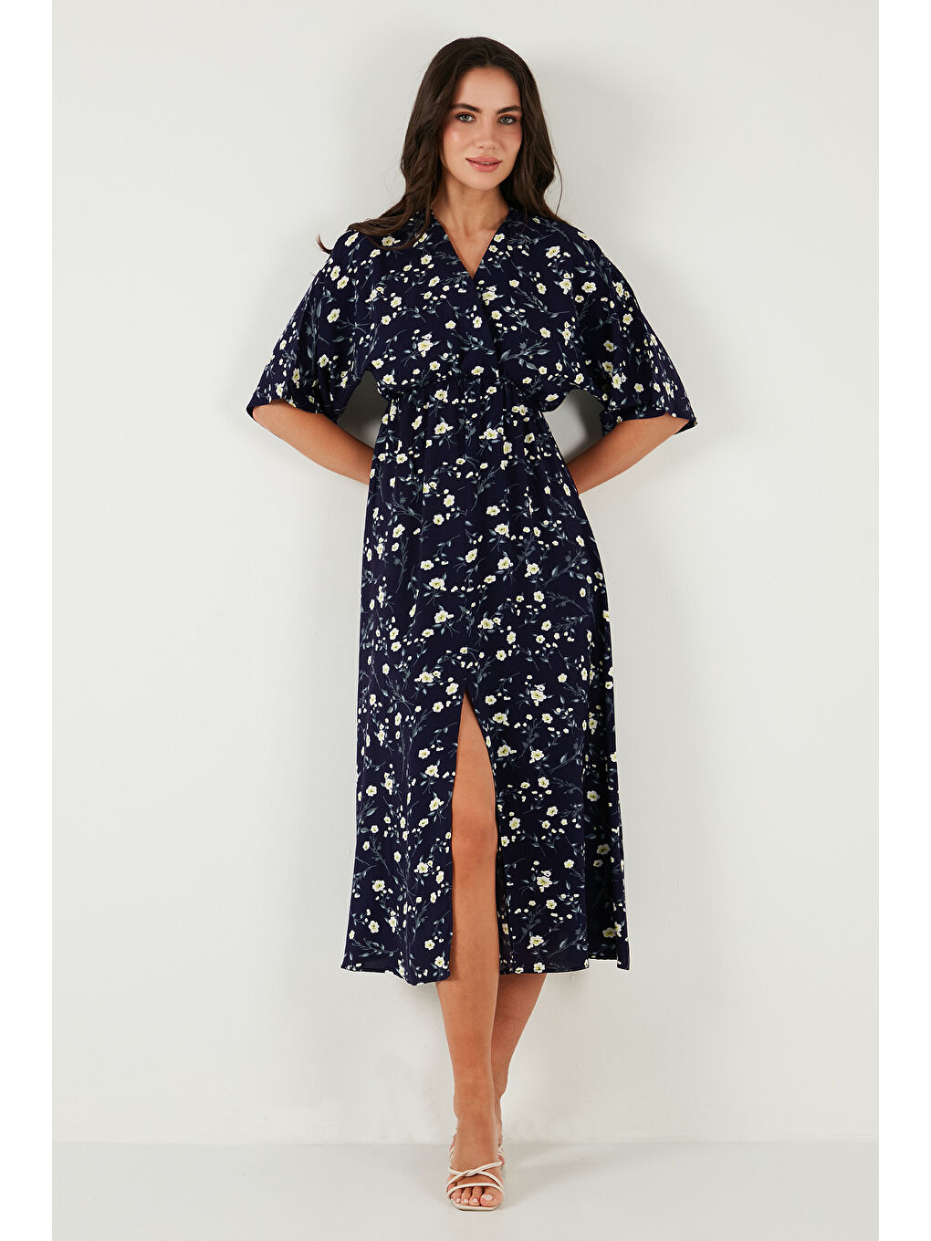 Lacivert Regular Fit V Yaka Desenli Midi Boy Kadın Elbise 67810573-4