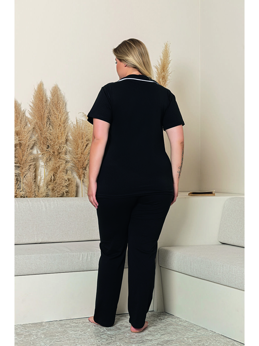 Siyah Kadın %100 Organik Pamuk Doğal Gömlek Yaka Düğmeli Kısa Kollu Biyeli Battal Pijama Takımı-2