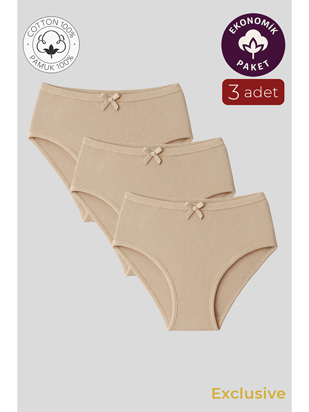Bej Kadın Yüksek Bel Pamuklu Ribana Slip Külot 3'Lü Paket – Esnek & Rahat | Ten K0305