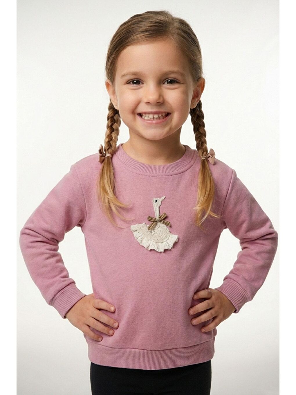 Pembe Kız Çocuk Sweatshirt Kuğu Armalı Fiyonk Detaylı Gülkurusu (2-6 Yaş)
