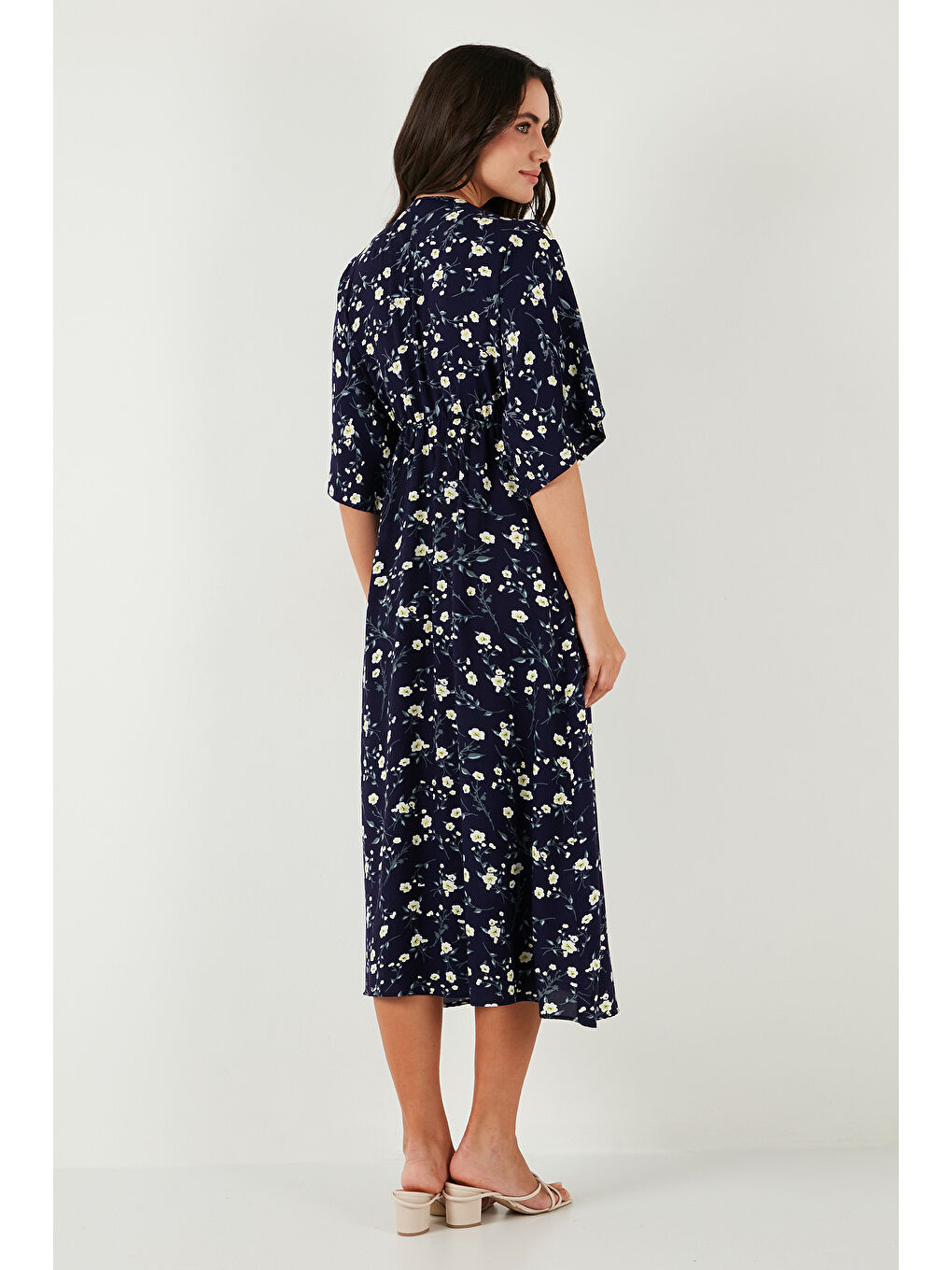 Lacivert Regular Fit V Yaka Desenli Midi Boy Kadın Elbise 67810573-6