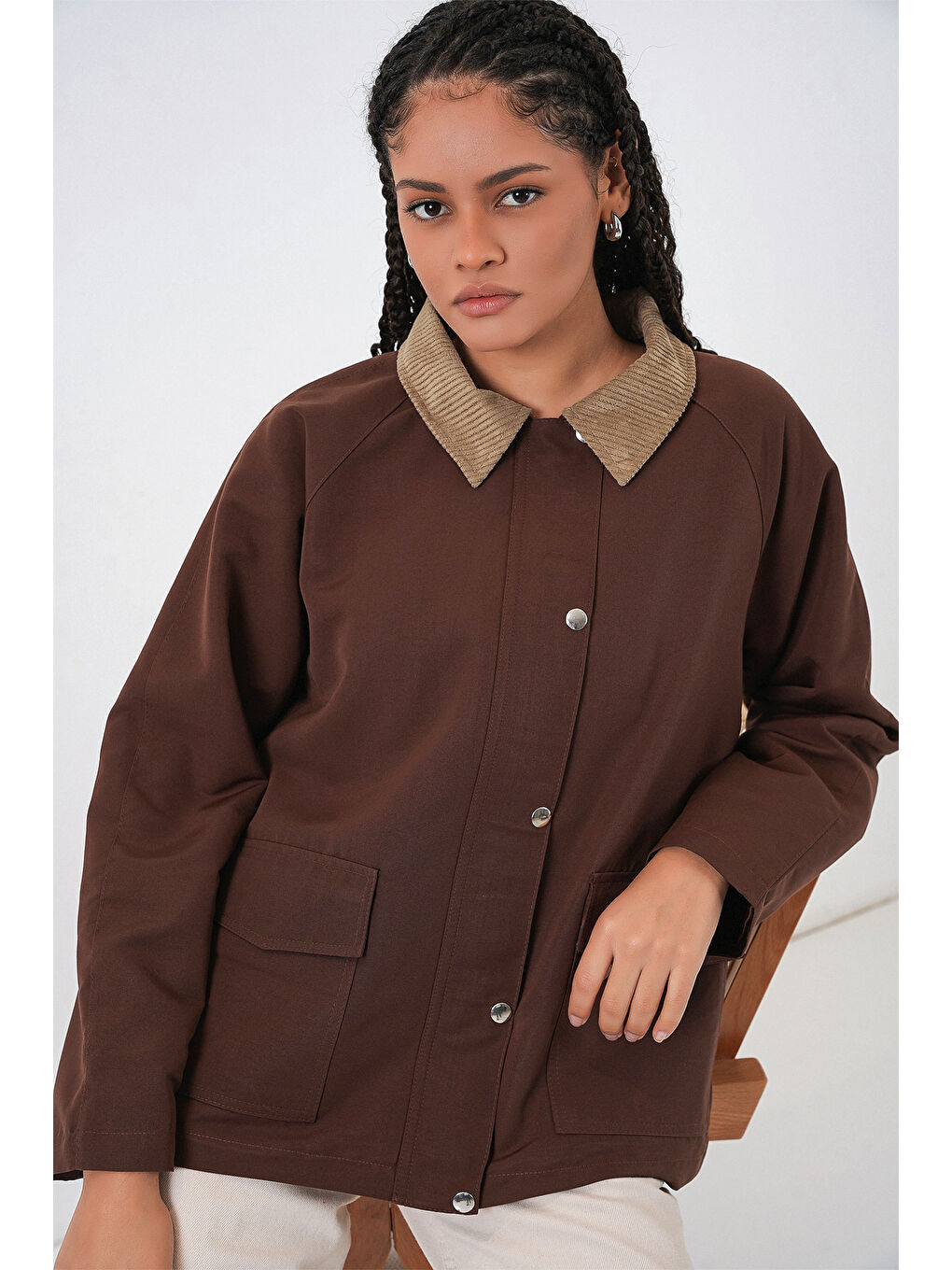 Kadın Cep Detaylı Oversize Ceket 5973 - Kahverengi-2