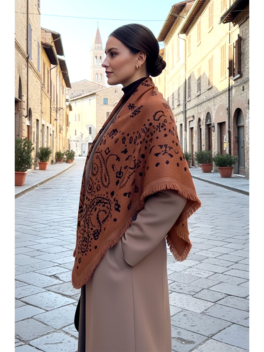Kahverengi Kaşmir Örgü Desenli Kare Omuz Şalı 108x108 cm 1300 Kiremit-3