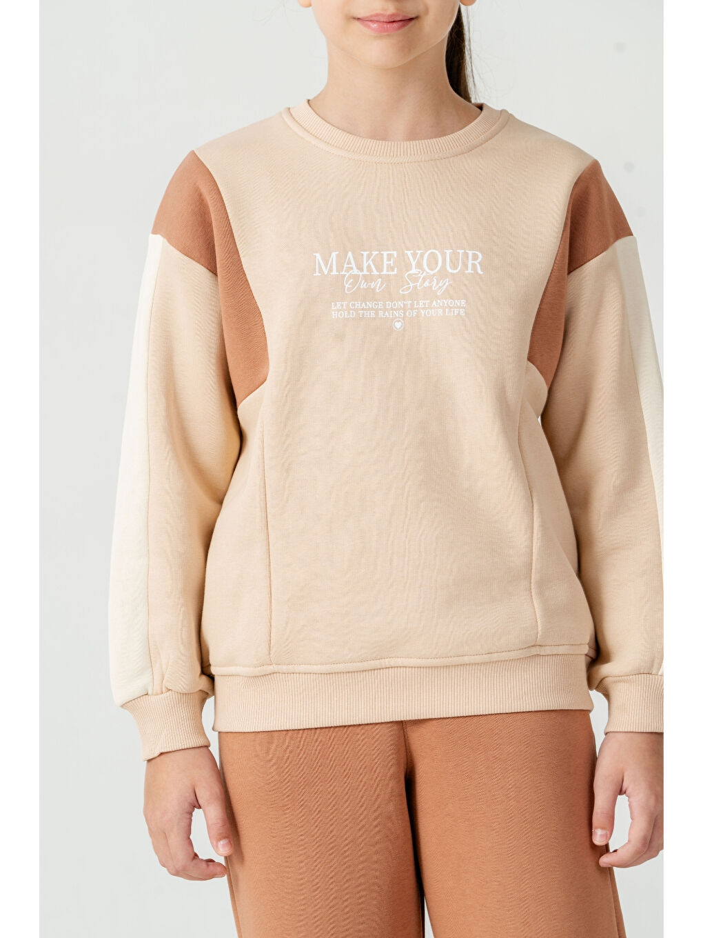 Kahverengi Kız Çocuk Make Your Baskılı 3 İplik Kalın Kışlık Eşofman Takımı Ak4227-3