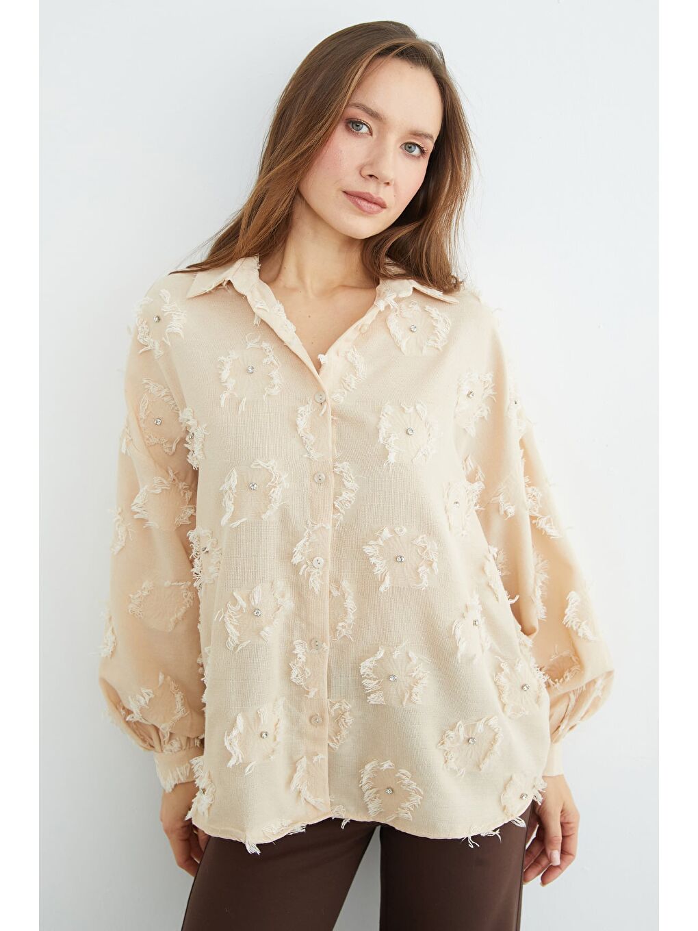 Pembe Püsküllü Taş işlemeli Salaş Gömlek