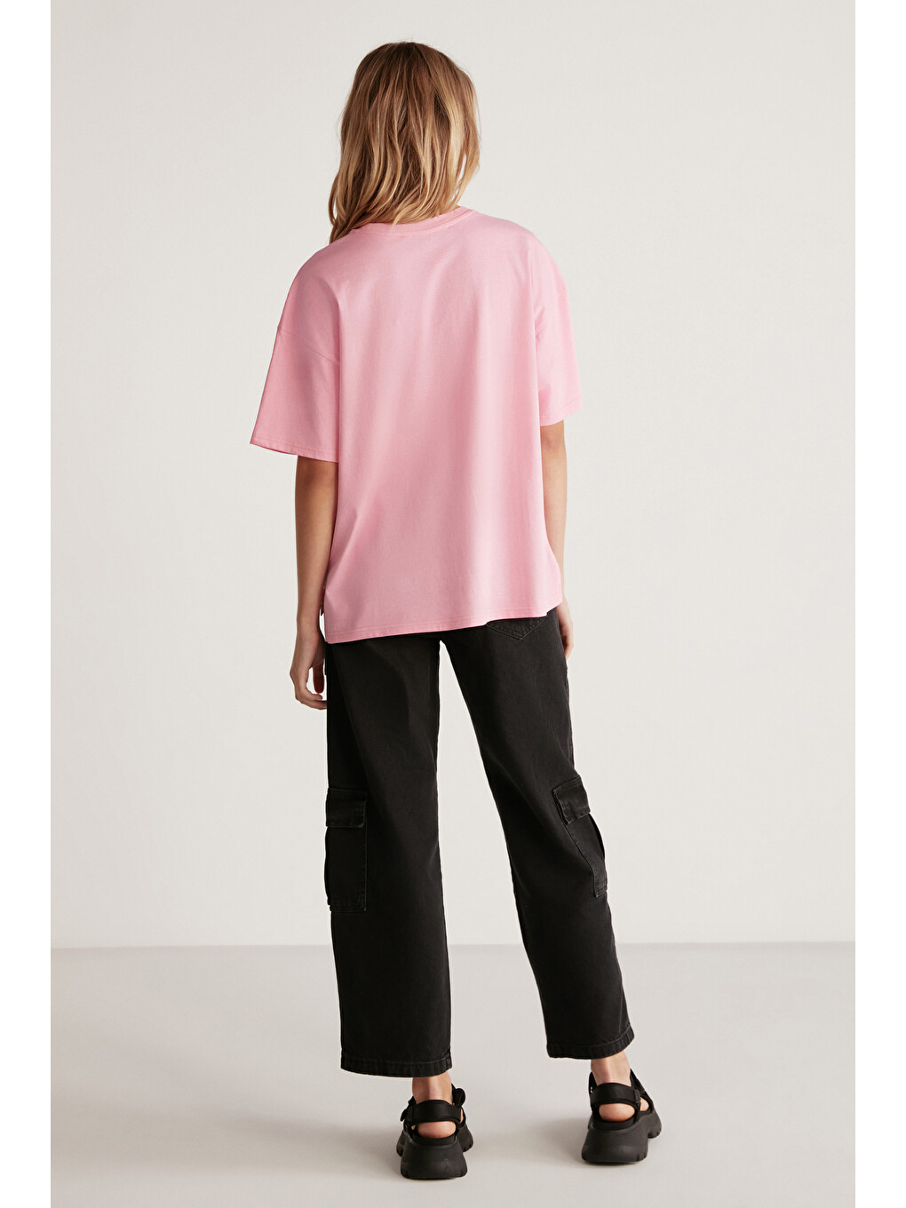 Pembe Jemmy Kadın %100 Organik Pamuk Relaxed Fit Yırtmaçlı Yuvarlak Yakalı AÇIK PEMBE T-Shirt-5