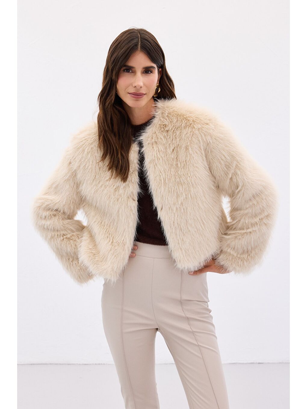 Yakasız Kürk - Bej-1