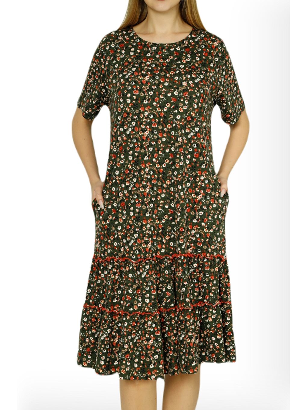 Yeşil Kadın Çiçek Desenli Biye Detaylı Cepli Eteği Büzgülü Pamuklu Kısa Kollu Elbise-1