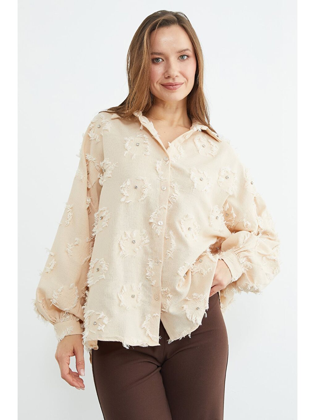 Pembe Püsküllü Taş işlemeli Salaş Gömlek-1