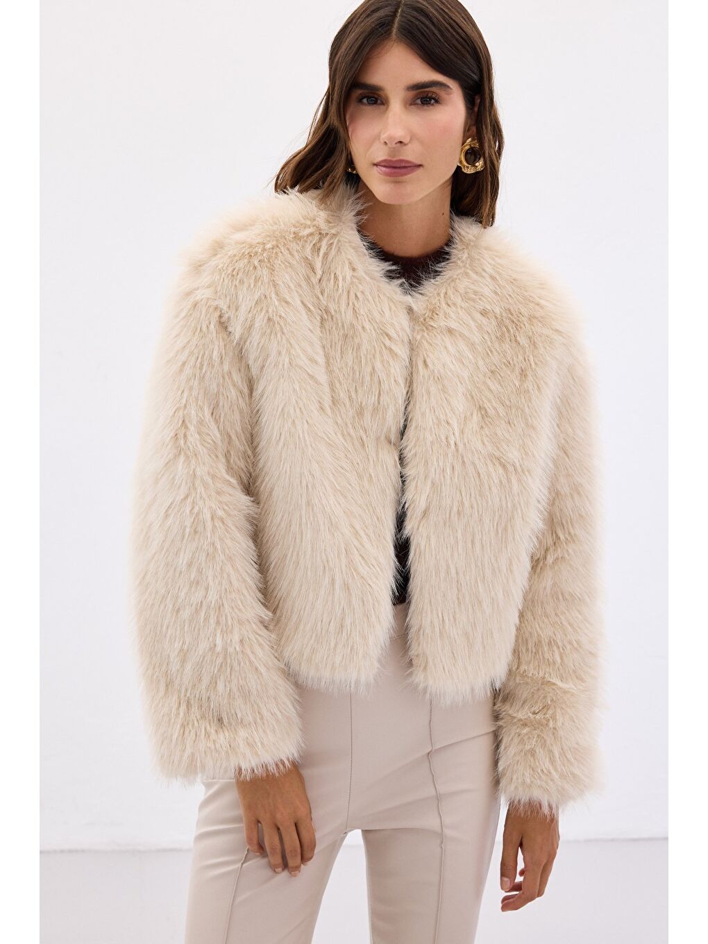 Yakasız Kürk - Bej-2