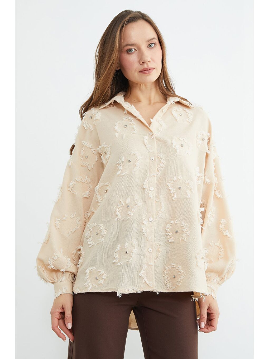 Pembe Püsküllü Taş işlemeli Salaş Gömlek-2