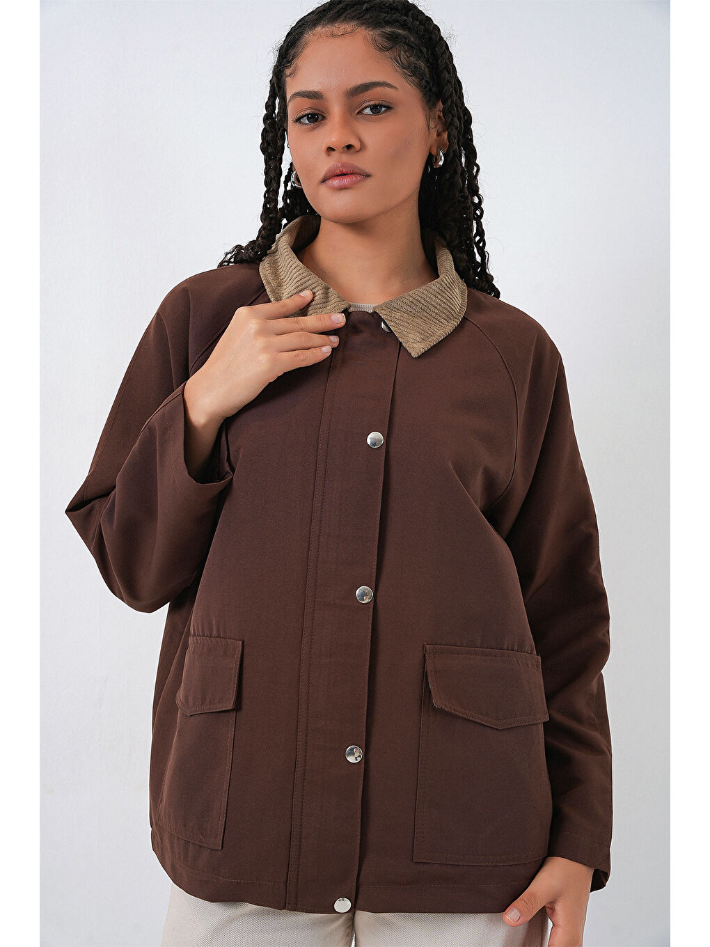 Kadın Cep Detaylı Oversize Ceket 5973 - Kahverengi-3