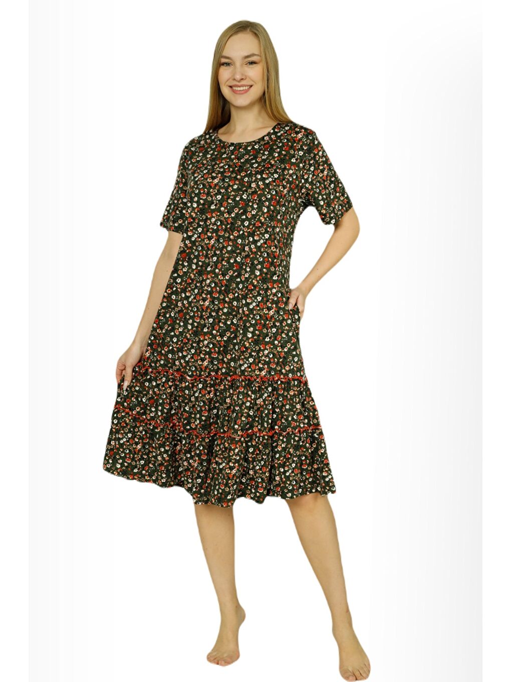 Yeşil Kadın Çiçek Desenli Biye Detaylı Cepli Eteği Büzgülü Pamuklu Kısa Kollu Elbise-2