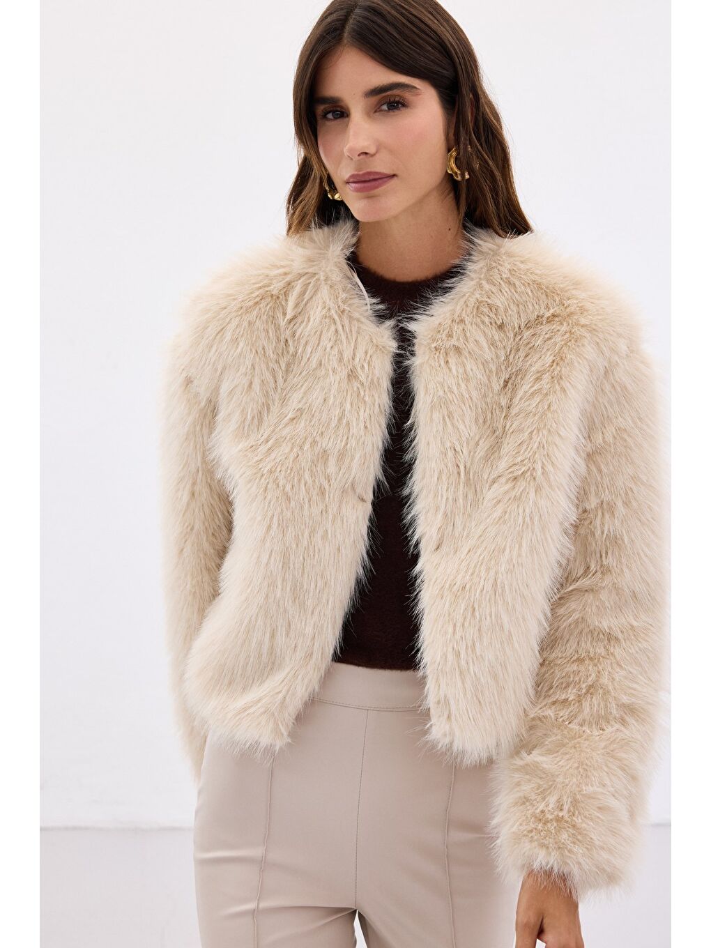 Yakasız Kürk - Bej-3
