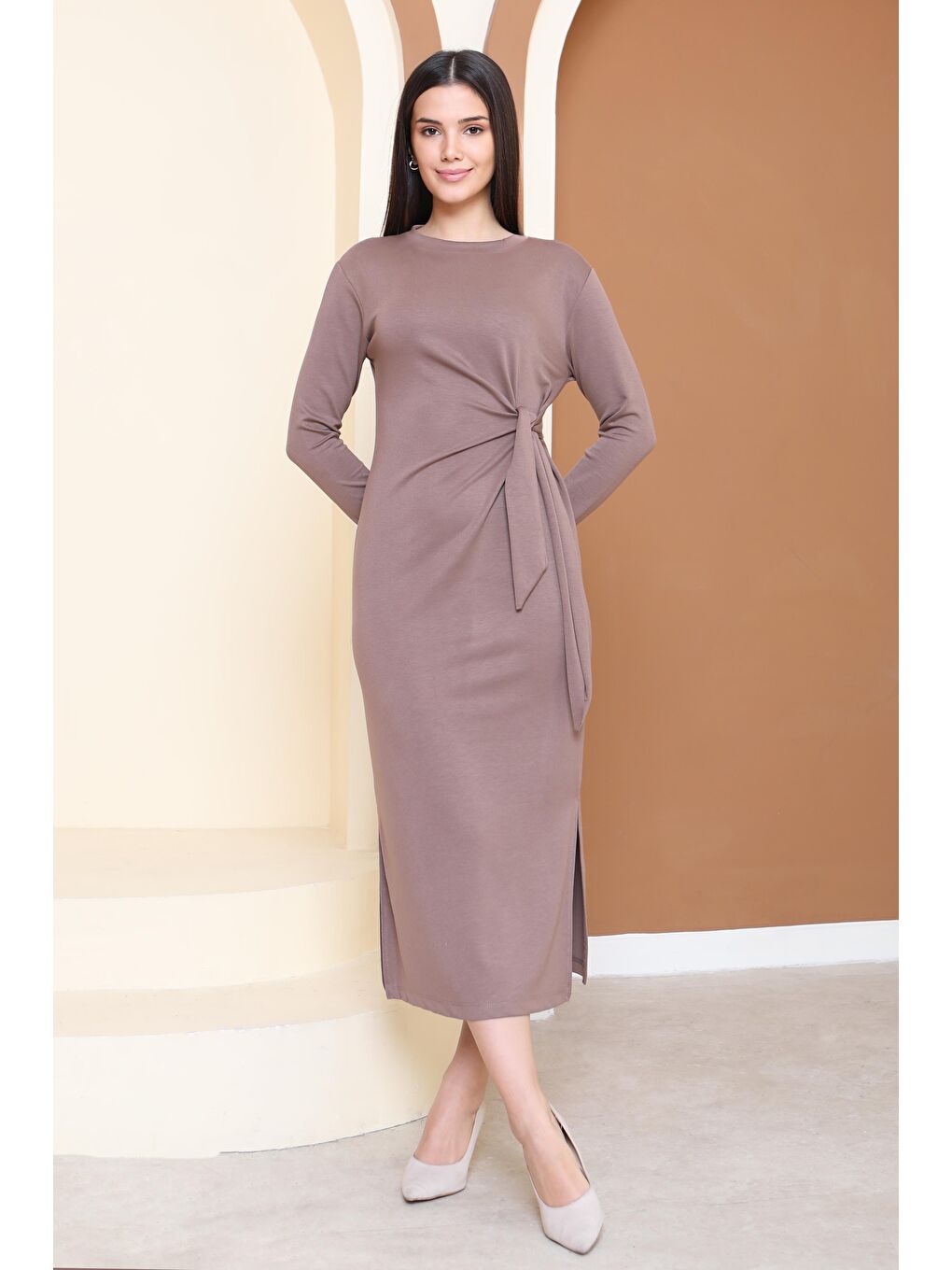 Bej Yandan Bağlama Detaylı Modal Elbise Vizon - 27880-VIZON-1