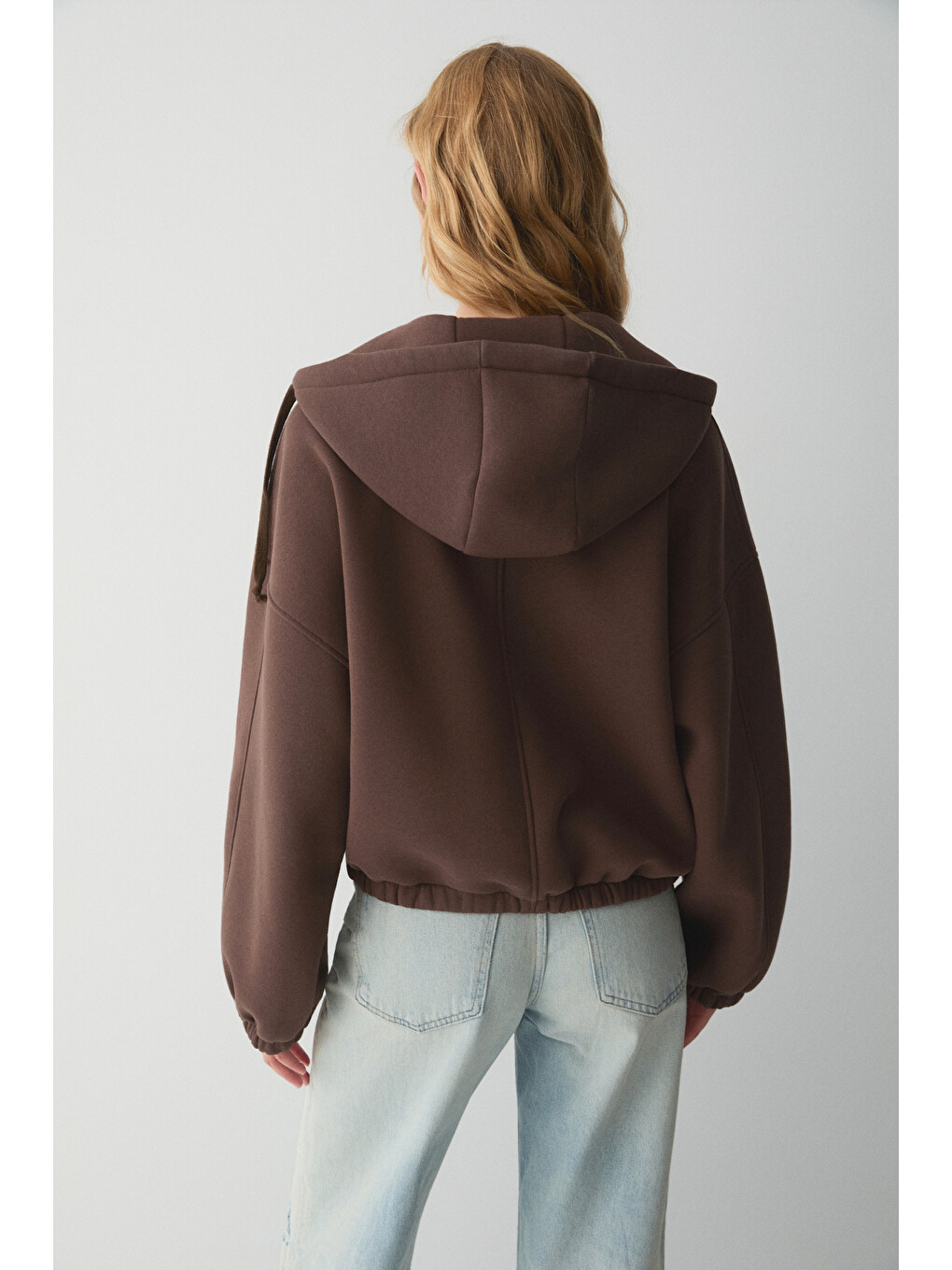 Valıt Kadın Çift Cepli Eteği Ve Kol Ucu Lastikli Fermuarlı Oversize Kahverengi Sweatshirt-4