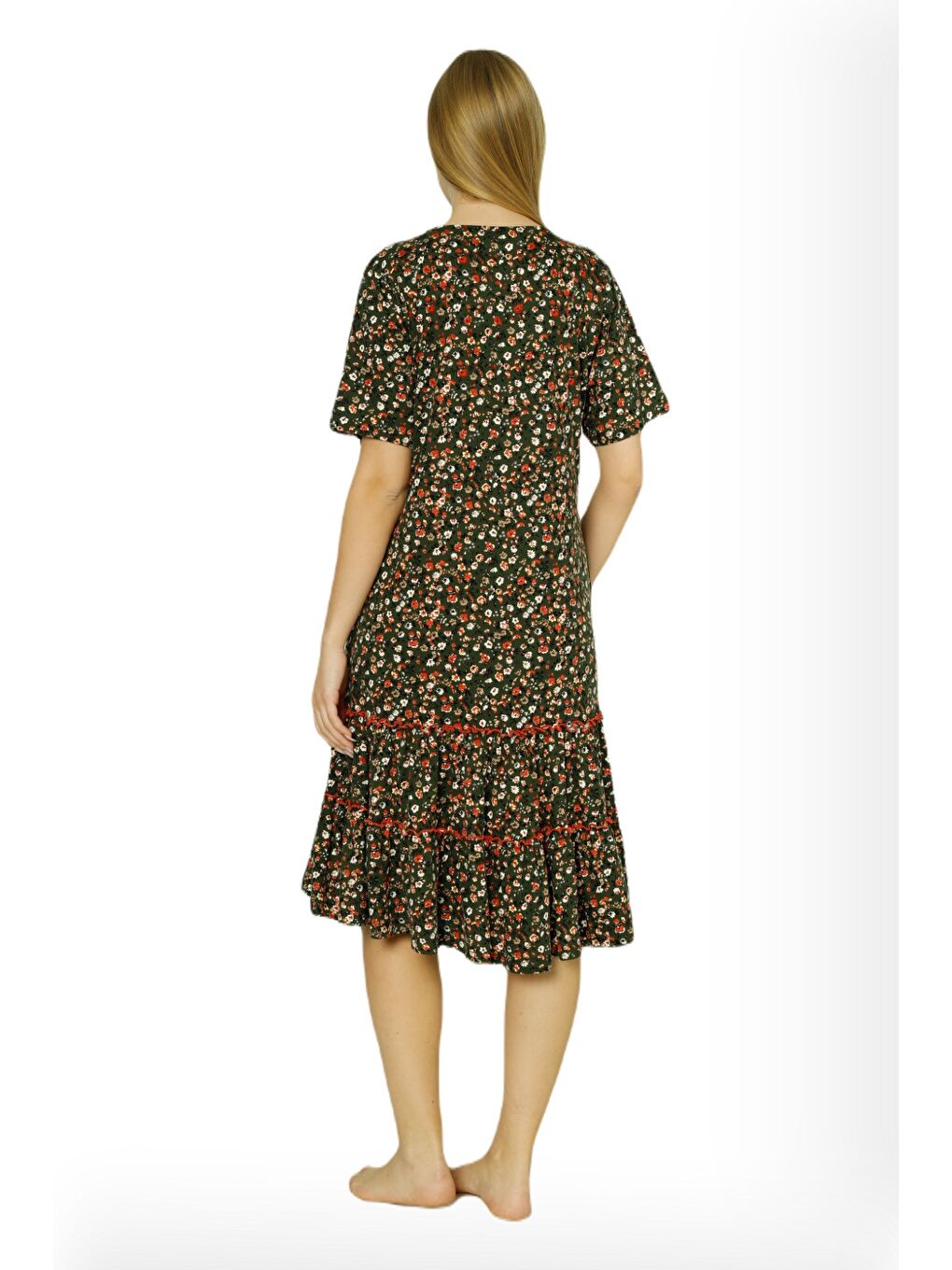 Yeşil Kadın Çiçek Desenli Biye Detaylı Cepli Eteği Büzgülü Pamuklu Kısa Kollu Elbise-3