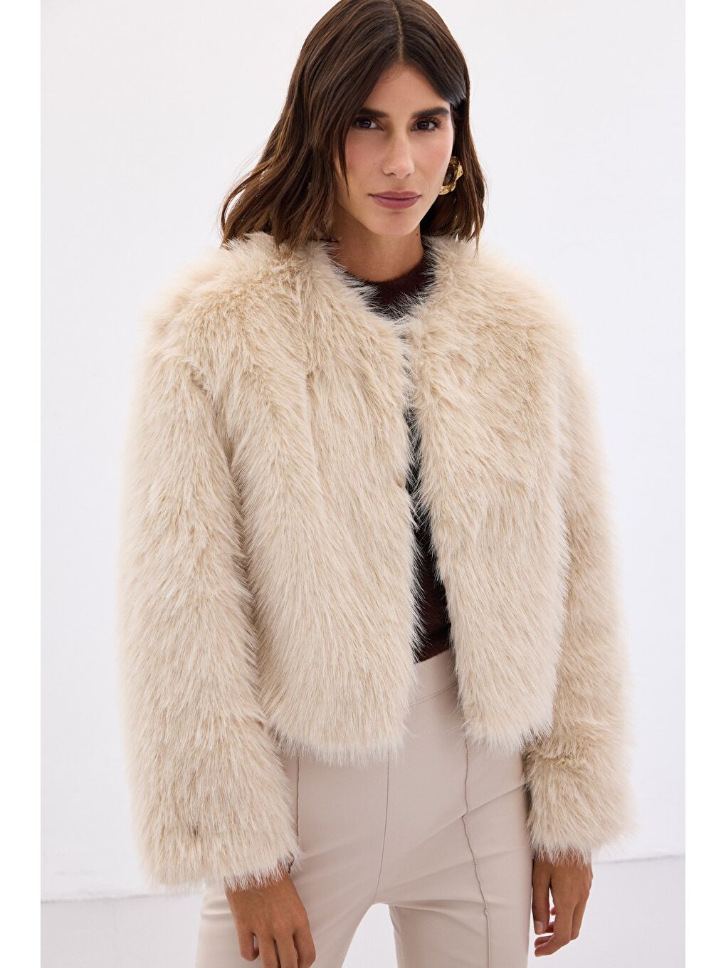 Yakasız Kürk - Bej-4