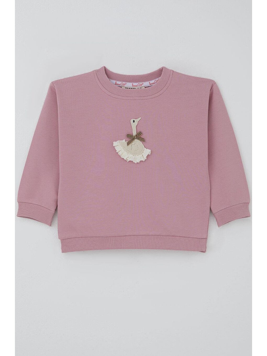 Pembe Kız Çocuk Sweatshirt Kuğu Armalı Fiyonk Detaylı Gülkurusu (2-6 Yaş)-1