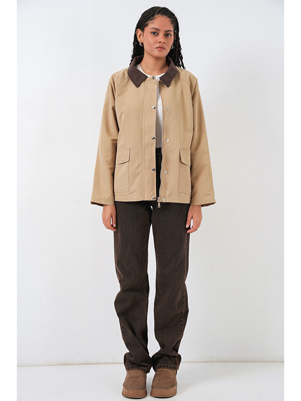 Kadın Cep Detaylı Oversize Ceket 5973 - Bej-1