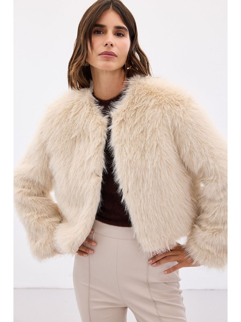 Yakasız Kürk - Bej-5