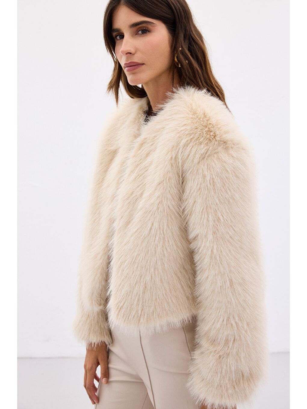 Yakasız Kürk - Bej-6