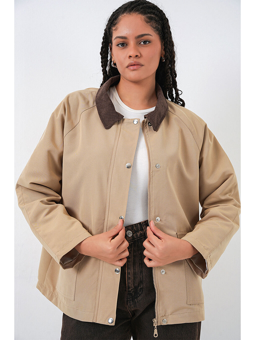 Kadın Cep Detaylı Oversize Ceket 5973 - Bej-2