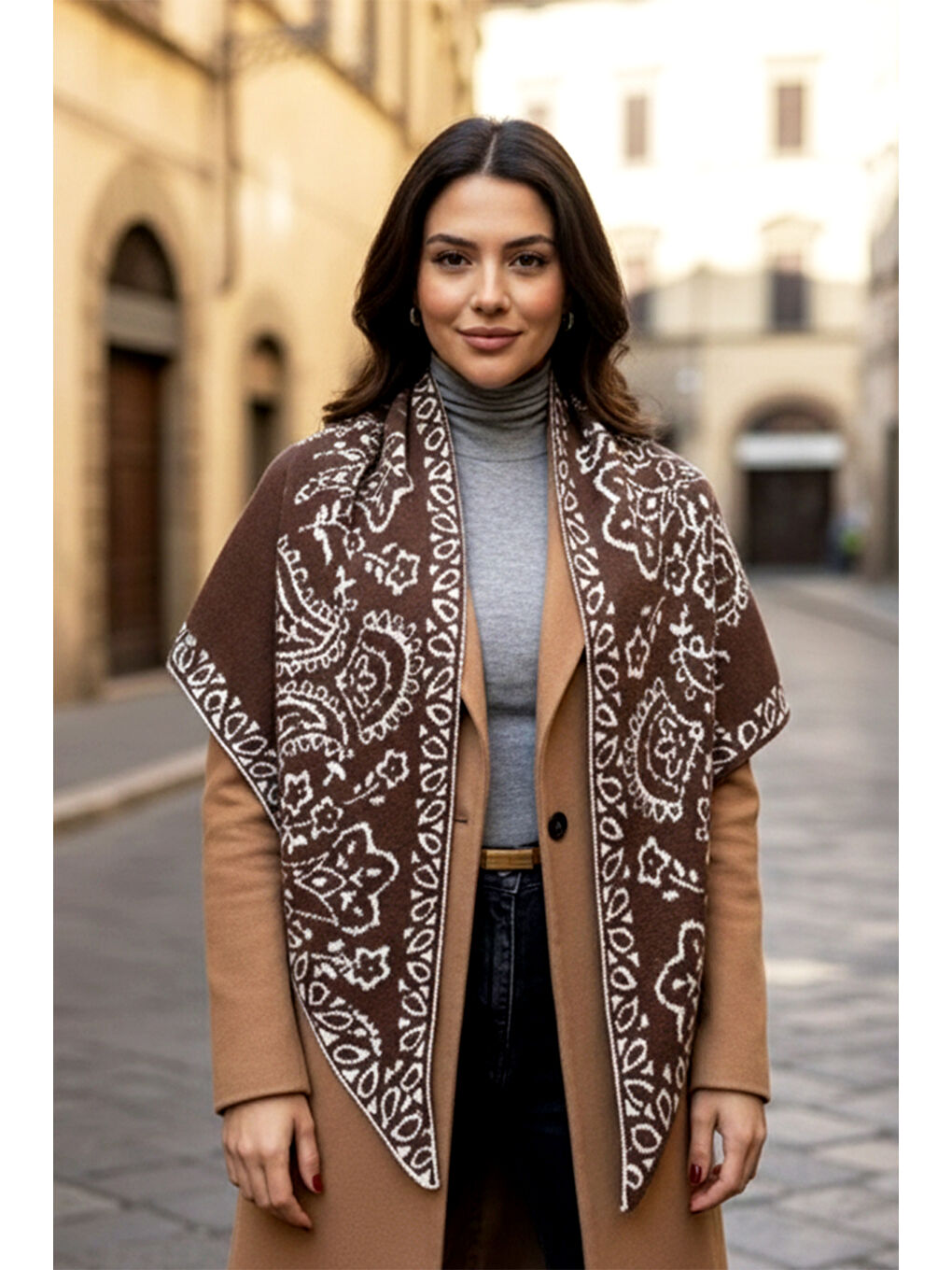 Kaşmir Örgü Desenli Üçgen Omuz Şalı 70X155 cm 1301 Kahverengi-3