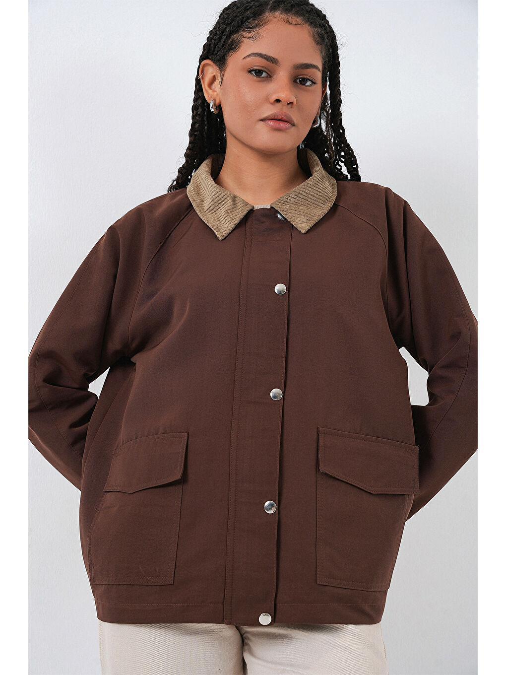 Kadın Cep Detaylı Oversize Ceket 5973 - Kahverengi-4