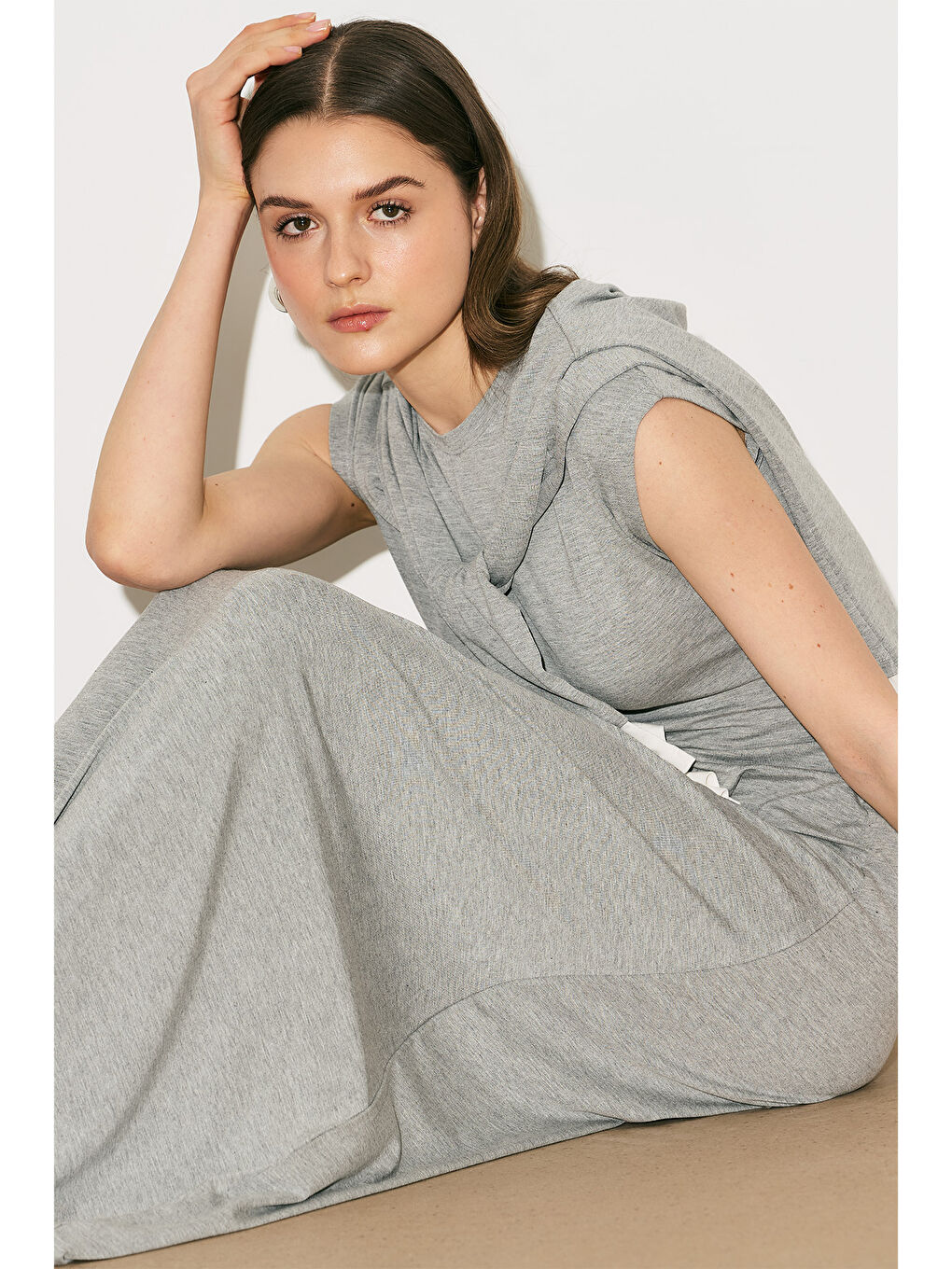 Easy Rahat Uzun Elbise Gri Melanj-1