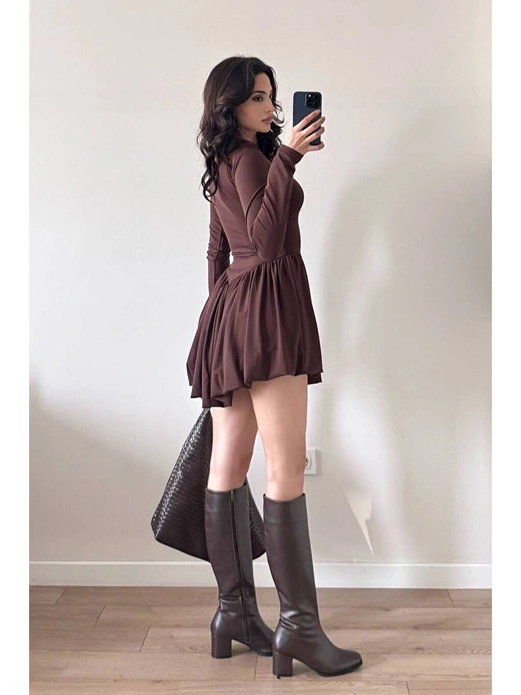 Kahverengi Kadın Kahve Dalgıç Kumaş Balon Elbise 1041-2717-1