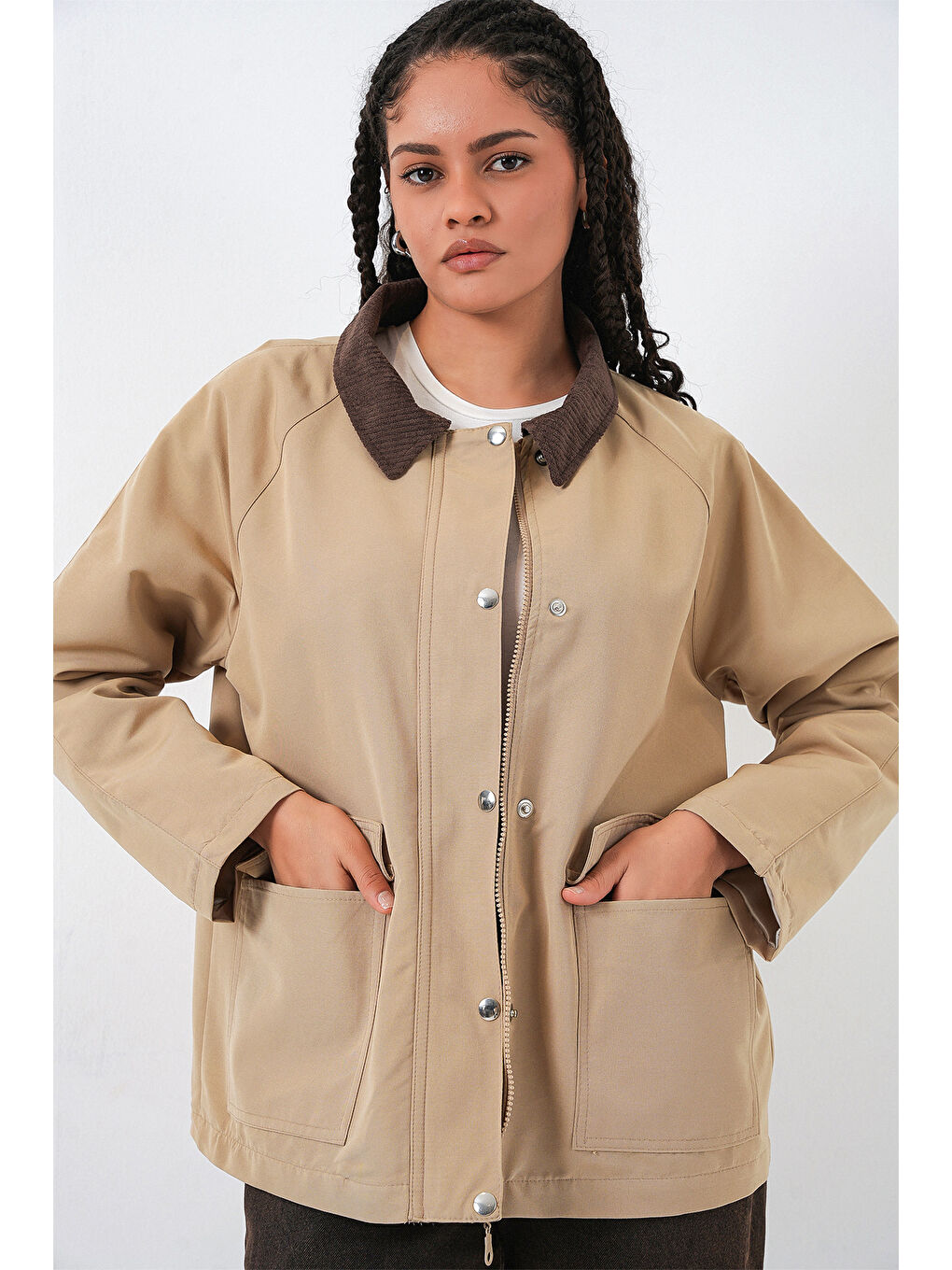 Kadın Cep Detaylı Oversize Ceket 5973 - Bej-3