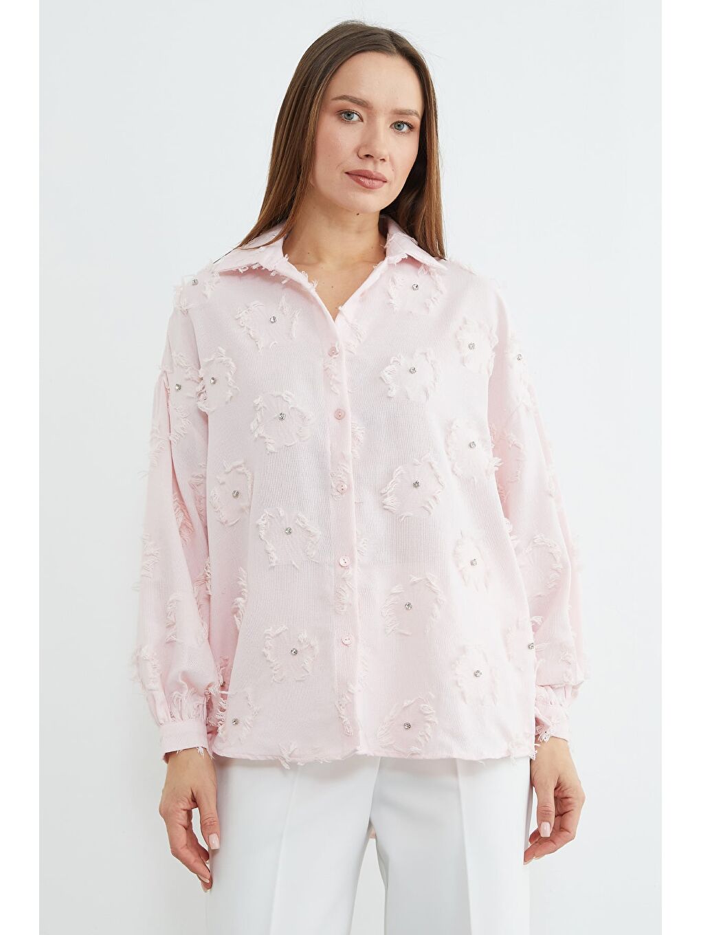 Pembe Püsküllü Taş işlemeli Salaş Gömlek-1