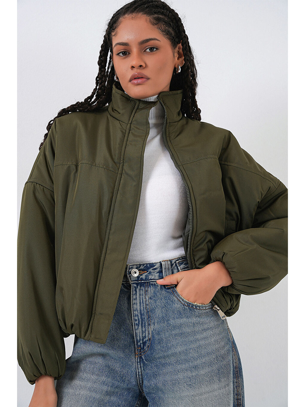 Kadın Oversize Bomber Şişme Mont 5124 - Haki