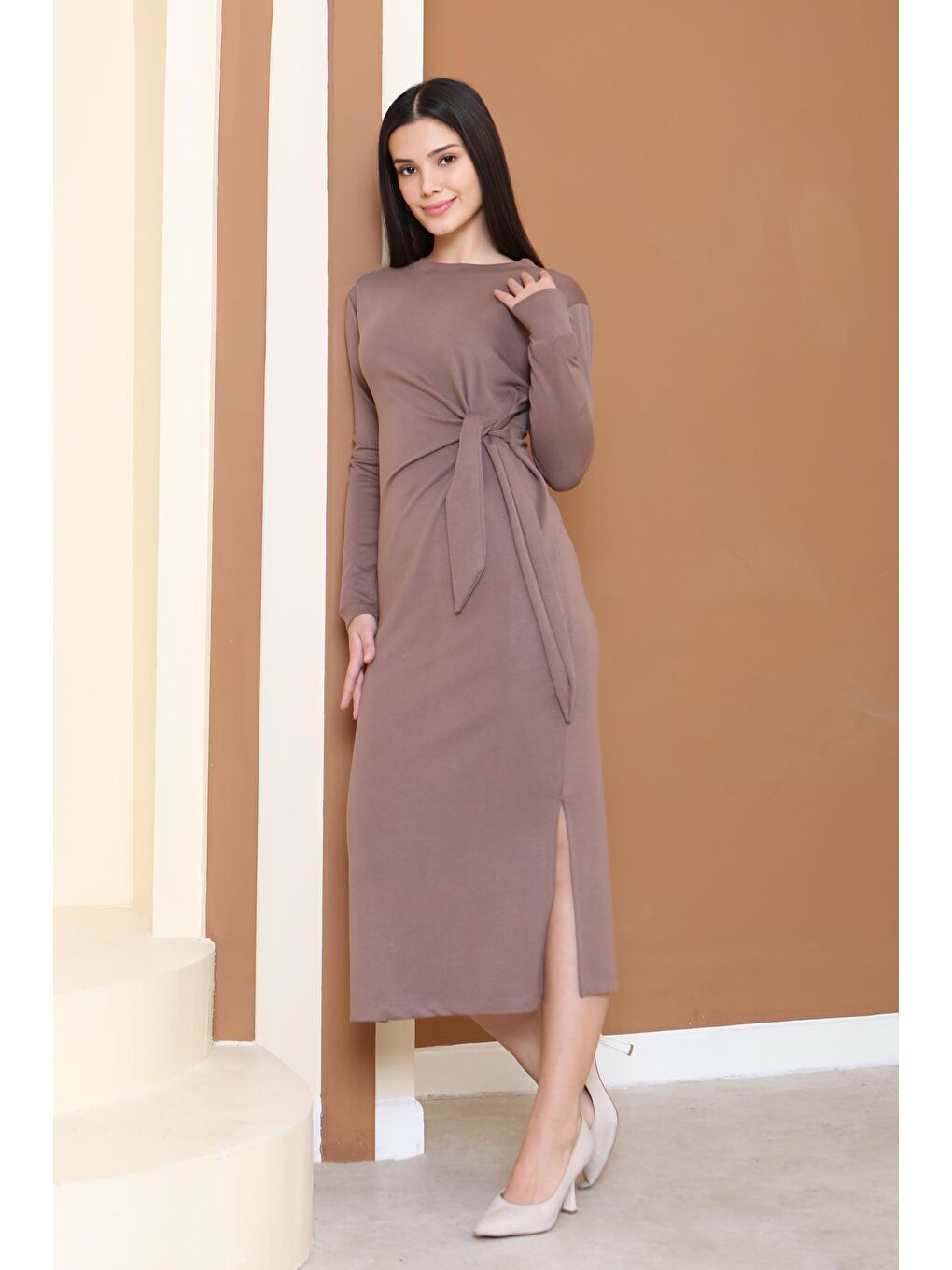 Bej Yandan Bağlama Detaylı Modal Elbise Vizon - 27880-VIZON-3