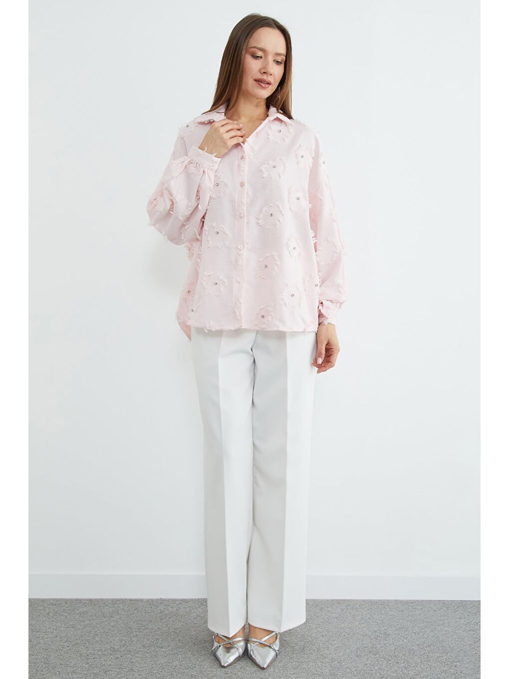 Pembe Püsküllü Taş işlemeli Salaş Gömlek-2