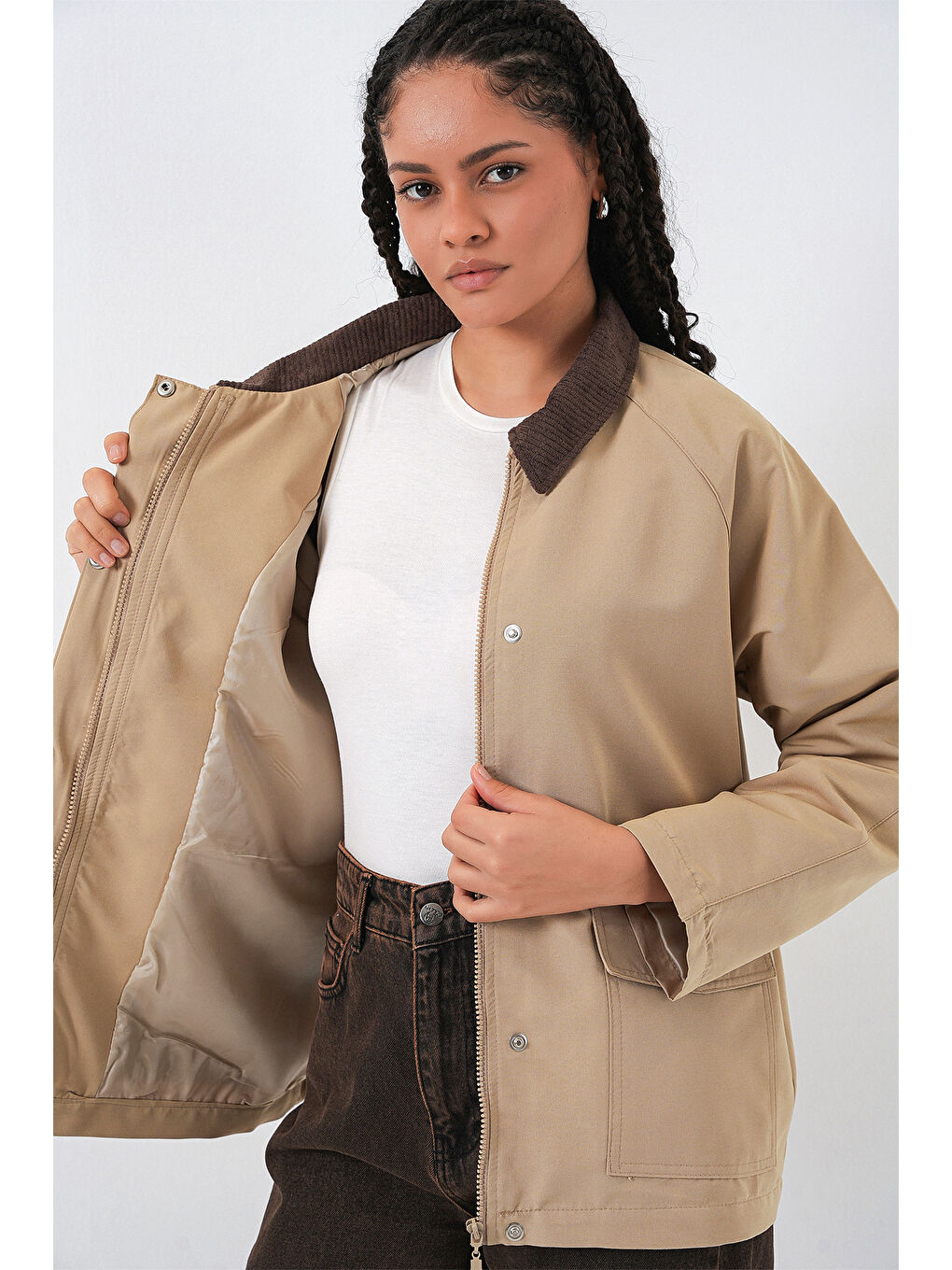 Kadın Cep Detaylı Oversize Ceket 5973 - Bej-4